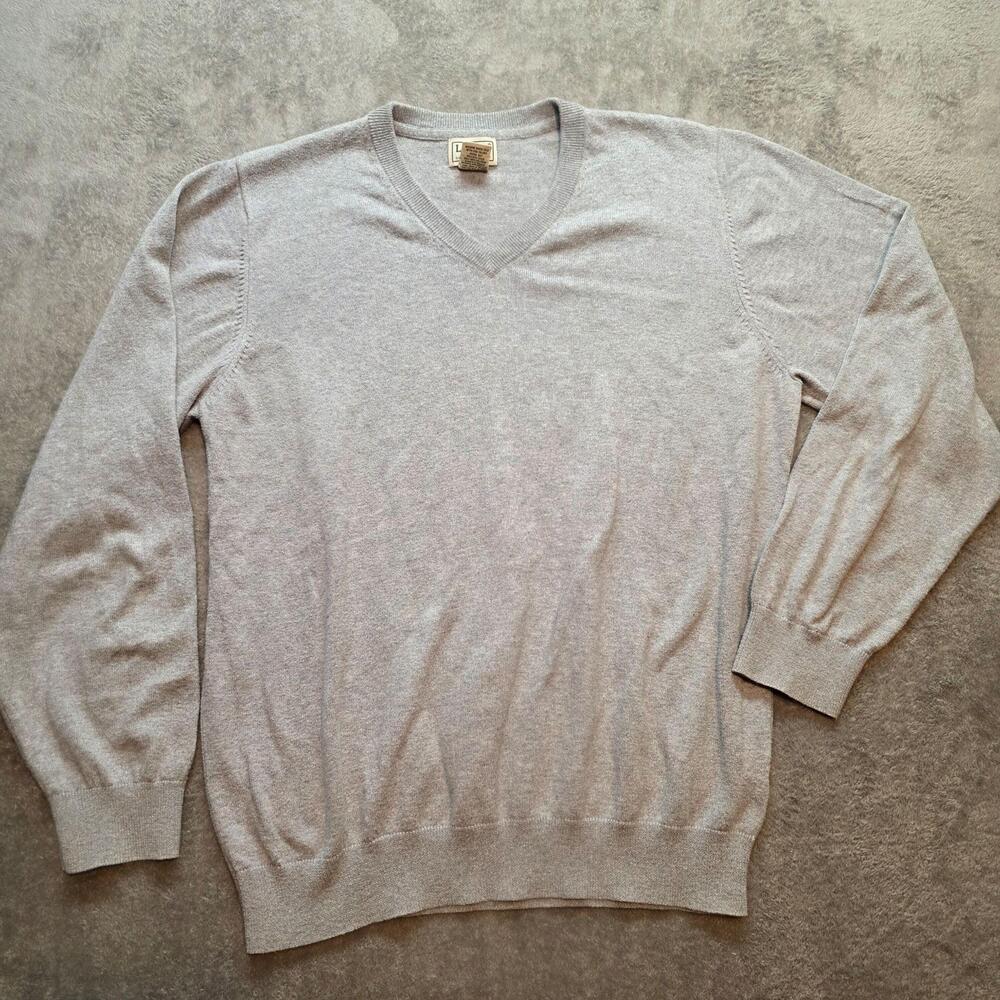 L.L. Bean Sweater Mens L Gray V-Neck Cotton Cashmere Lightweight Knit Pullover